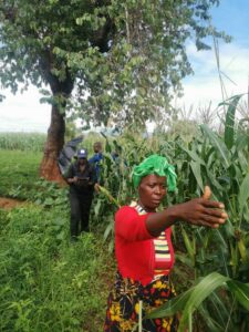 Margaret Dyson leads data collectors and CLC members on a walk around the boundaries of her land to map her parcel during the land documentation process. 