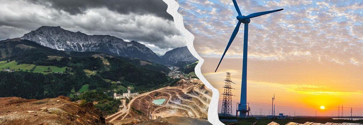 Split image featuring a mined-out mountaintop on the left side, and a wind turbine on the right side.