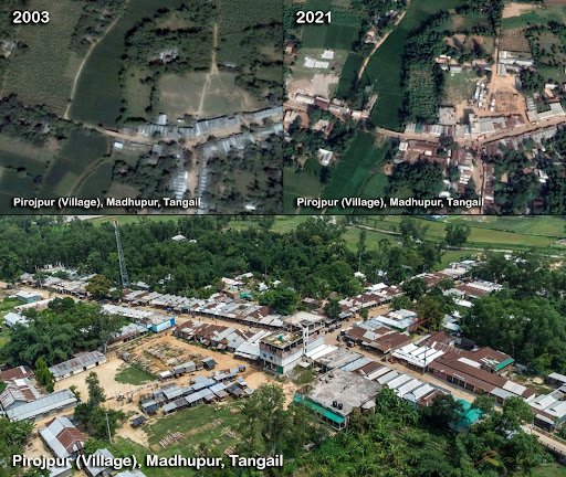 pirojpurvillage Aerial views of Pirojpur villlage in 2003 and 2021 for the purpose of comparing expansion of human activity.