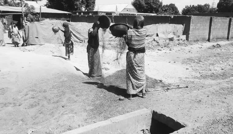 Fulani women working with hand tools on farmland in Nigeria.