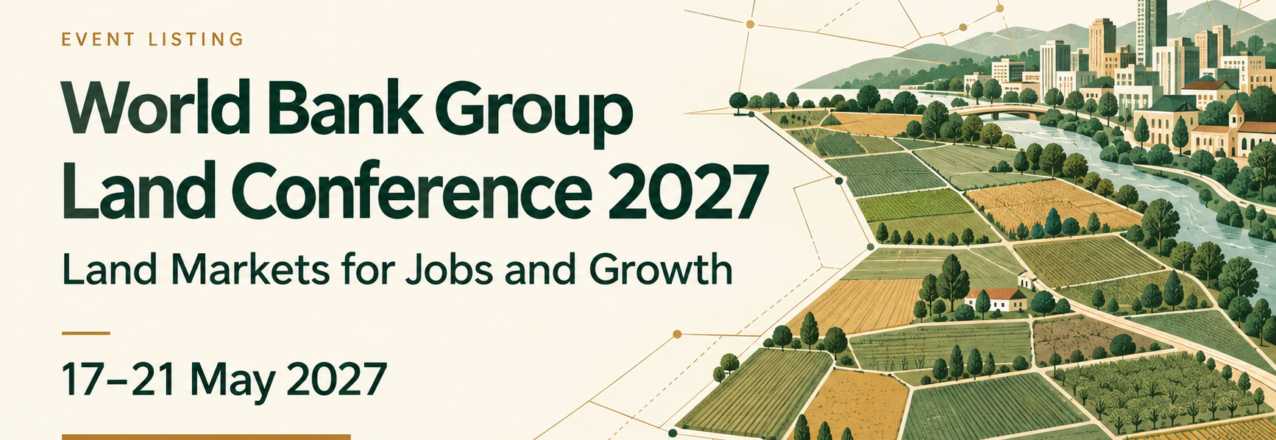 World Bank Group Land Conference 2027 event card, May 17–21, with an illustration of connected farmland and a city.