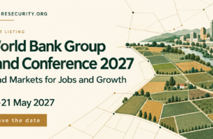World Bank Group Land Conference 2027 event card, May 17–21, with an illustration of connected farmland and a city.