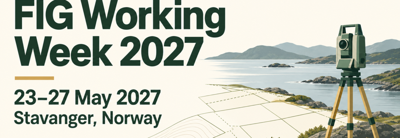 Event card for FIG Working Week 2027, 23–27 May 2027 in Stavanger, Norway, illustrated with a survey instrument, land-parcel lines and a Norwegian coastal landscape.