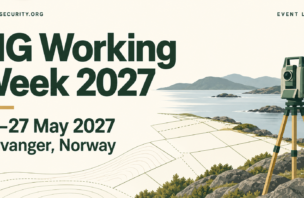 Event card for FIG Working Week 2027, 23–27 May 2027 in Stavanger, Norway, illustrated with a survey instrument, land-parcel lines and a Norwegian coastal landscape.