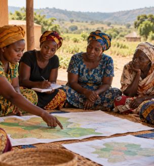 Conceptual illustration of women discussing land maps together.