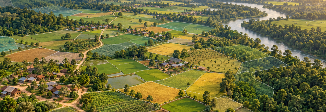 Conceptual illustration of farms, forests, settlements and a river with land parcel boundaries.