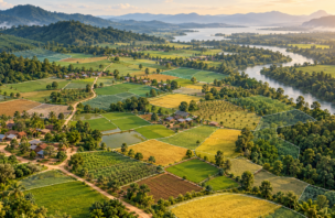 Conceptual illustration of farms, forests, settlements and a river with land parcel boundaries.
