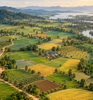 Conceptual illustration of farms, forests, settlements and a river with land parcel boundaries.