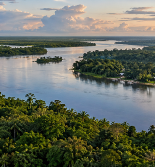Conceptual illustration of a forested river landscape and riverside settlement.