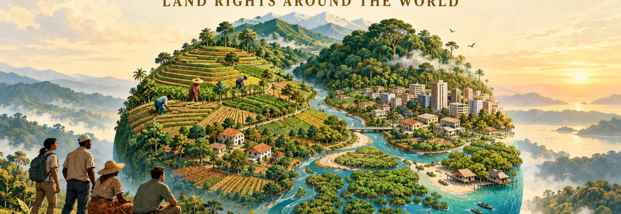 Illustration of a globe, farms, forests, homes and people, with the words 70 Country Profiles and Land Rights Around the World.