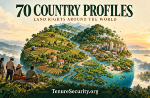 Illustration of a globe, farms, forests, homes and people, with the words 70 Country Profiles and Land Rights Around the World.