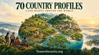 Illustration of a globe, farms, forests, homes and people, with the words 70 Country Profiles and Land Rights Around the World.
