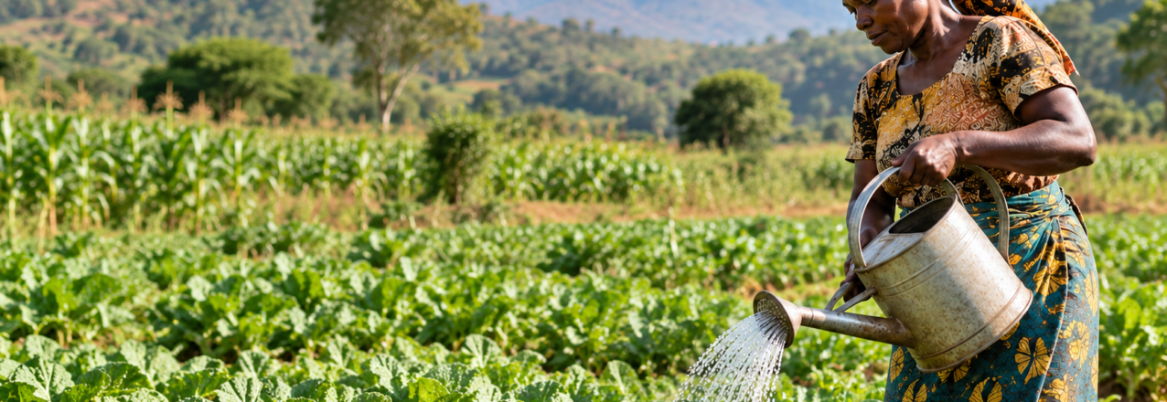 A woman watering crops in a hillside garden.
