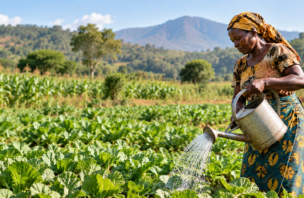 A woman watering crops in a hillside garden.
