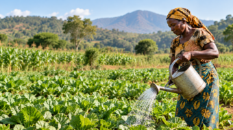 A woman watering crops in a hillside garden.